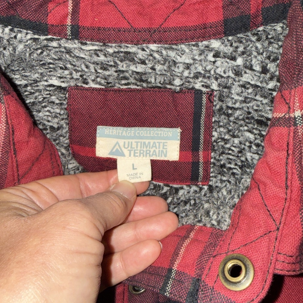 Ultimate Terrain Flannel Shirt Jacket Snaps Corduroy Patches Sherpa Lined Large - Picture 2 of 9
